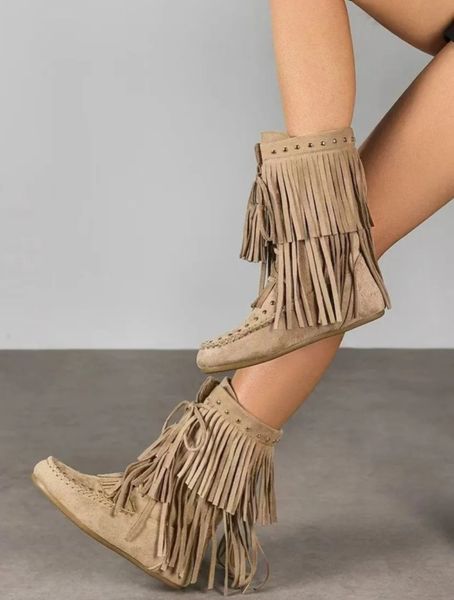 TALLULAH FRINGE BOOTS ( 52219 ) - kakhi ( beige ) 